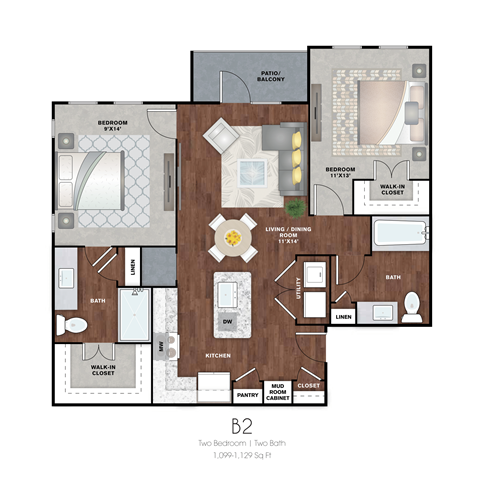 Floor plan for 2 beds, 2 baths, 1110 sqft